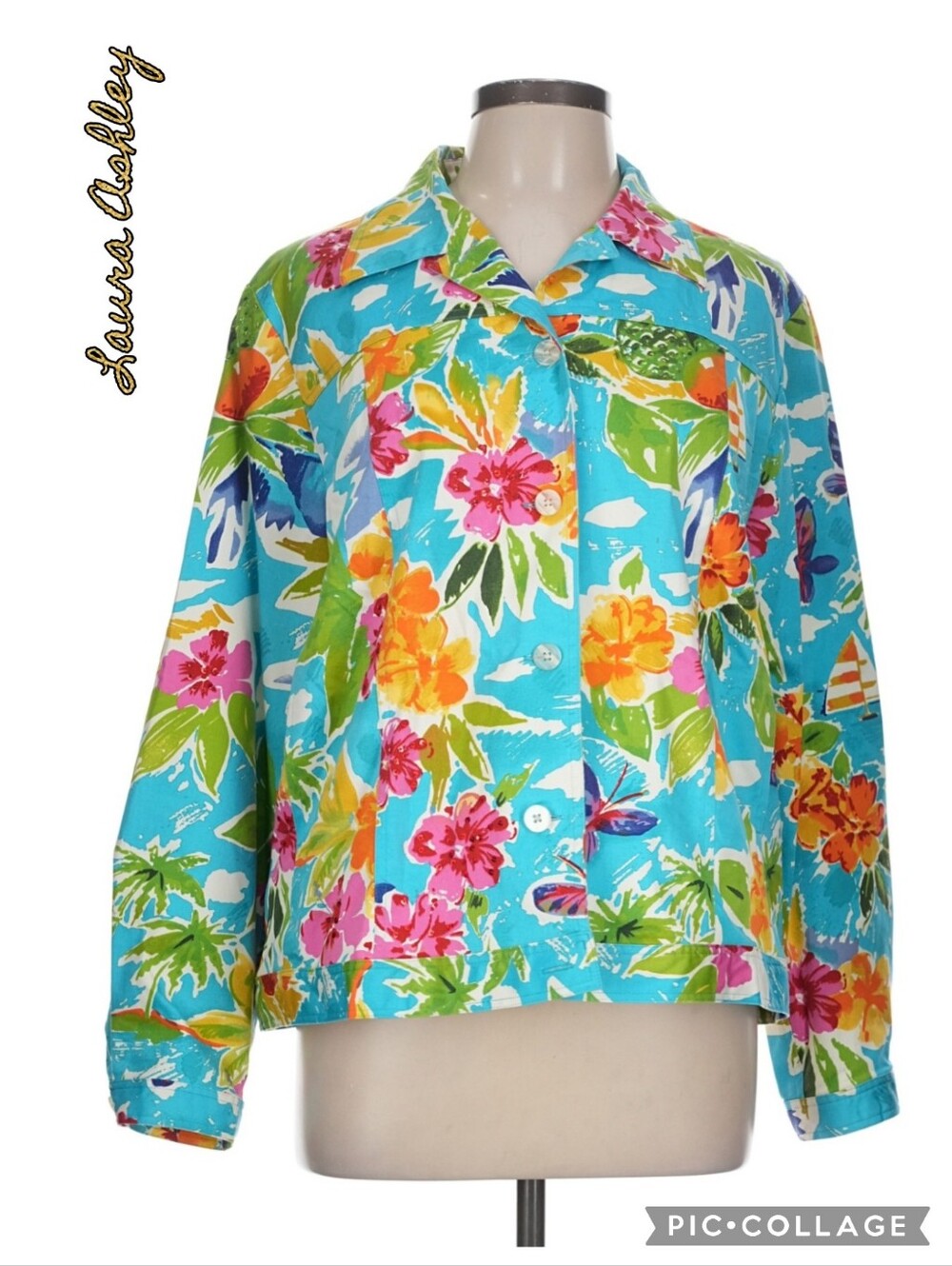 Laura Ashley jacket cotton turquoise tropical floral button front sewn sequins